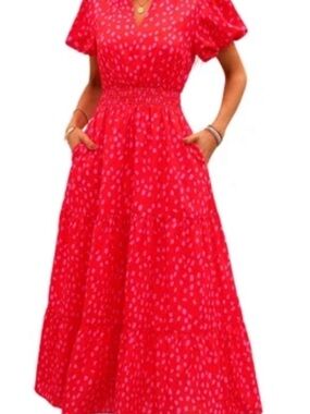 Red Polka-Spot Maxi Dress with Smocked Waist